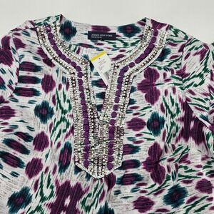 Jones New York‎ Signature Embellished V Neck Blouse Top Purple Green  M